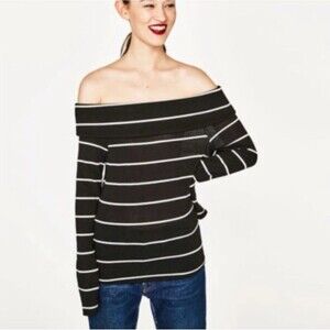 Zara Women’s Sweater Size S  Black & White Striped‎ Off The Shoulder